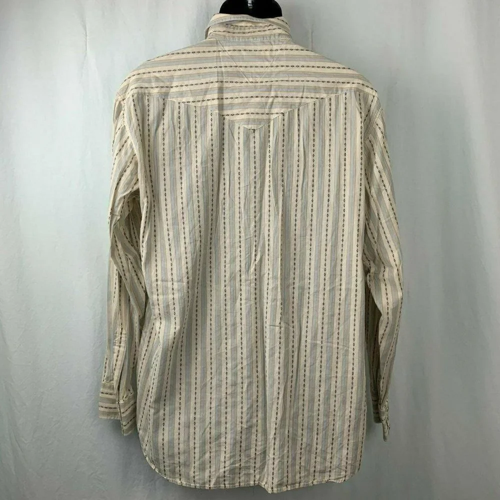 Tommy Hilfiger Western Shirt L Cream Blue Stripe Pearl Snap Pockets One Point